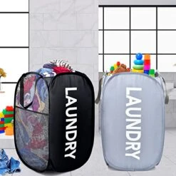 Pop-up Laundry Hamper, Foldable Pop-up Mesh Hamper Dirty Clothes Laundry Basket Collapsible For Storage And Easy To Open With Durable Handles (2, Black+Grey)