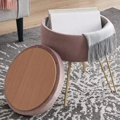 Ornavo Home Modern Round Velvet Storage Ottoman Foot Rest Vanity Stool/Seat With Gold Metal Legs & Tray Top Coffee Table - Blush -Songmics Furniture Shop 51LtF8T14L. AC