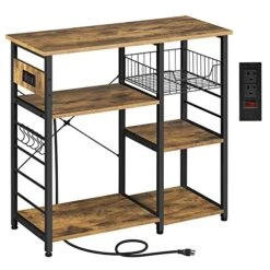 Topeakmart Kitchen Bakers Rack With Power Outlet And Wire Basket, Utility Storage Shelf Coffee Cart Station W/Storage Shelves, Kitchen Rack With 6 Hooks & Protective Adjustable Footpads, Rustic Brown