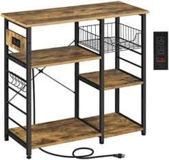 Topeakmart Kitchen Bakers Rack With Power Outlet And Wire Basket, Utility Storage Shelf Coffee Cart Station W/Storage Shelves, Kitchen Rack With 6 Hooks & Protective Adjustable Footpads, Rustic Brown -Songmics Furniture Shop 51LuUaDWjeL. AC