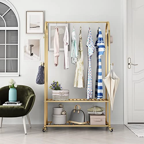 MaiRHK Gold Clothing Rack On Wheels Gold Display Rack With 2-tier Shelf Metal Hanging Rack Gold Clothes Rack For Boutique, Retail Or Home -gold 5 MaiRHK Gold Clothing Rack On Wheels Gold Display Rack With 2-tier Shelf Metal Hanging Rack Gold Clothes Rack For Boutique, Retail Or Home -gold - Image 5