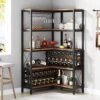 Tribesigns Large Corner Wine Rack, 5-Tier L Shaped Industrial Freestanding Floor Bar Cabinets For Liquor And Glasses Storage, Wooden Wine Bottle Holder Shelf For Home Kitchen Dining Room, Rustic