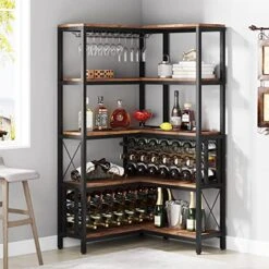 Tribesigns Large Corner Wine Rack, 5-Tier L Shaped Industrial Freestanding Floor Bar Cabinets For Liquor And Glasses Storage, Wooden Wine Bottle Holder Shelf For Home Kitchen Dining Room, Rustic