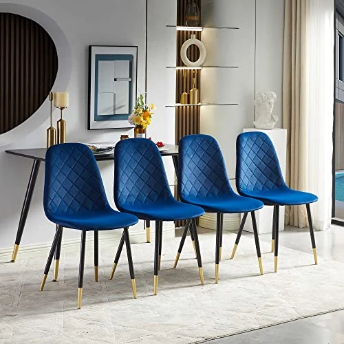 NORDICANA Velvet Dining Chairs Kitchen Solid Color Chair Upholstered Side Stools With Backrest Metal Legs Set Of 4, Navy Blue 2 NORDICANA Velvet Dining Chairs Kitchen Solid Color Chair Upholstered Side Stools With Backrest Metal Legs Set Of 4, Navy Blue - Image 2