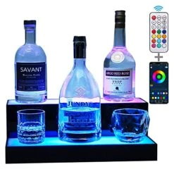 LED Lighted Liquor Bottle Display Shelf For Home Bar, App&Remote Control, 366 Light Model/Control Light Intensity/Transition Speed, 16 Inch 2 Step Lighted Bar Shelves, Bar Organizer For Liquor