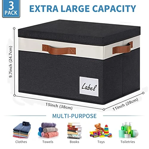 GhvyenntteS Large Storage Bins With Lids (3-Pack) Large Closet Storage Bins With Lid And 3 PU Handles, Foldable Fabric Storage Boxes With Label Window For Home Bedroom Office (Black, 15" X 11" X 9.7") 3 GhvyenntteS Large Storage Bins With Lids (3-Pack) Large Closet Storage Bins With Lid And 3 PU Handles, Foldable Fabric Storage Boxes With Label Window For Home Bedroom Office (Black, 15" X 11" X 9.7") - Image 3