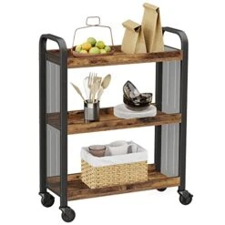 VASAGLE Serving Cart, Slim Kitchen Cart For Narrow Spaces, Rolling Storage Cart And Organizer Utility Cart With Wheels, Easy Assembly, For Kitchen, Bathroom, Rustic Brown And Black ULRC66BX