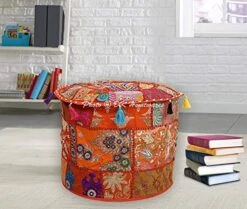 DK Homewares Indian Vintage Patchwork Pouf Ottoman Cover Orange Round Foot Stool Decorative Tuffet Cotton Embroidered Pouffee Floor Pillow Case Floral Traditional 16x16x13 -Songmics Furniture Shop 51McDdJ77AL