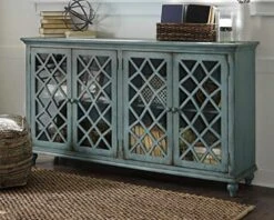 Signature Design By Ashley Mirimyn Vintage 69" 4-Door Accent Cabinet With Mirrored Glass And 2 Adjustable Shelves, Antique Blue