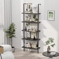 5-Tier Industrial Ladder Shelf Rustic Wall Mounted Metal Frame Bookshelf, Multi-Use Open Shelf For Storage Organizer Plants Rack For Office And Home, Living Room, Bedroom - White Marble Board -Songmics Furniture Shop 51MsKSWUwpL. AC