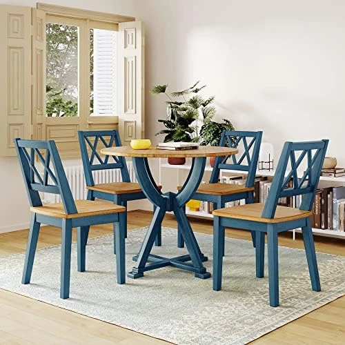 Merax Mid-Century 5 Piece Dining Table Set With Chairs For 4 People, Home Kitchen Wooden Furniture, Antique Oak+Antique Blue 7 Merax Mid-Century 5 Piece Dining Table Set With Chairs For 4 People, Home Kitchen Wooden Furniture, Antique Oak+Antique Blue - Image 7