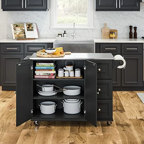 Homestyles Kitchen Cart With Stainless Steel Metal Top, Rolling Mobile Kitchen Island With Storage And Towel Rack, 54 Inch Width, Black 2 Homestyles Kitchen Cart With Stainless Steel Metal Top, Rolling Mobile Kitchen Island With Storage And Towel Rack, 54 Inch Width, Black - Image 2