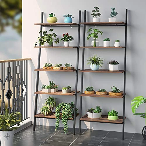 TINKLE WELL 5-Tier Bookshelf, Industrial Leaning Ladder Shelf, Wooden Storage Display Rack For Living Room, Bedroom, Office, Rustic Brown 4 TINKLE WELL 5-Tier Bookshelf, Industrial Leaning Ladder Shelf, Wooden Storage Display Rack For Living Room, Bedroom, Office, Rustic Brown - Image 4