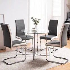 5 Pieces Dining Table And Chairs Set - Modern Round Dining Room Table With 4 Leather Chairs - Tempered Glass Table Top And Chrome Legs Kitchen Table Set For Small Space - White -Songmics Furniture Shop 51NDe6NRSlL. AC