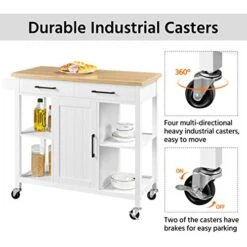 Yaheetech Kitchen Island On Lockable Wheels, Kitchen Trolley Cart With 2 Drawers And Adjustable Shelves And Towel Bar, Large Bamboo Countertop, 38.5x18x36 Inches, White -Songmics Furniture Shop 51NRKAYKQSL