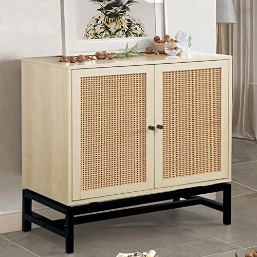AWQM Sideboard Buffet Cabinet, Accent Storage Cabinet With 2 Rattan Doors, Farmhouse Accent Side Cabinet With Adjustable Shelves,Natural Wood Sideboard Entryway Table For Bar, Dining Room,White 11 AWQM Sideboard Buffet Cabinet, Accent Storage Cabinet With 2 Rattan Doors, Farmhouse Accent Side Cabinet With Adjustable Shelves,Natural Wood Sideboard Entryway Table For Bar, Dining Room,White - Image 11