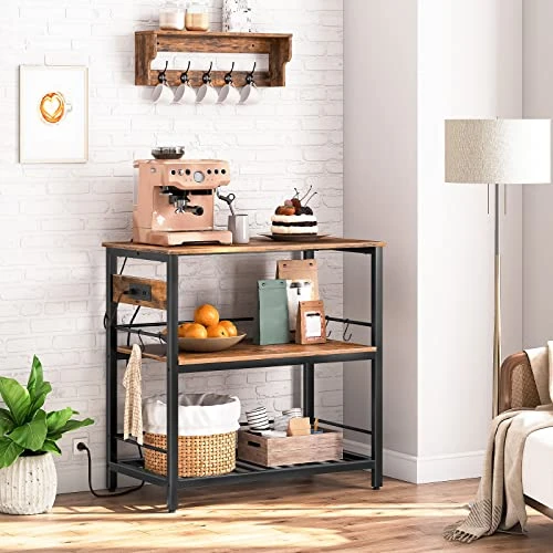 HOOBRO Kitchen Island With Storage, Kitchen Island Table With Power Outlet, 3 Tier Coffee Station And Microwave Stand, For Home, Kitchen And Dining Room, Rustic Brown BF021ZD01 2 HOOBRO Kitchen Island With Storage, Kitchen Island Table With Power Outlet, 3 Tier Coffee Station And Microwave Stand, For Home, Kitchen And Dining Room, Rustic Brown BF021ZD01 - Image 2