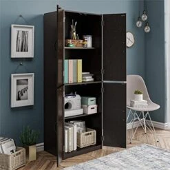 Revada 4-Door 5' Storage Cabinet Adjustable Shelves Pantry Organizer Kitchen Furniture 2 Adjustable Shelves And 2 Fixed Shelves Color: Dark Chocolate Item Dimensions: 59 7/8"h X 21 5/16"w X 15 7/16"d -Songmics Furniture Shop 51NaqoTkABL
