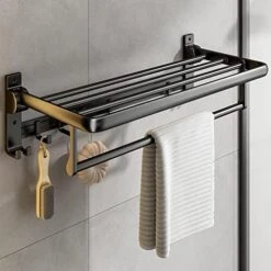 Towel Racks For Bathroom, Dual Folding Towel Rack, Black Bathroom Towel Rack Wall Mounted, Flat Towel Bar For More Stable Storage, Waterproof & Rustproof Space Aluminum, Drilling/Nail-free Glue,23.6in -Songmics Furniture Shop 51NffyLNK9L. AC