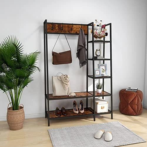 GENERIC 46'' Wide Solid Wood Hall Tree With Bench And Shoe Storage Brown Modern Contemporary Metal Finish Handmade 1 GENERIC 46'' Wide Solid Wood Hall Tree With Bench And Shoe Storage Brown Modern Contemporary Metal Finish Handmade