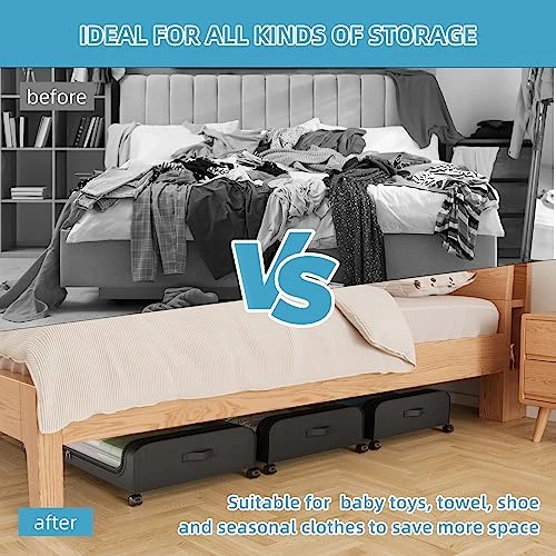 Under Bed Storage, Under The Bed Storage Containers With Wheels, Under Bed Shoe Storage Organizer With Storage Bags, Rolling Underbed Storage Containers For Bedroom Clothes Shoes Blankets (2 Pack, Black) 2 Under Bed Storage, Under The Bed Storage Containers With Wheels, Under Bed Shoe Storage Organizer With Storage Bags, Rolling Underbed Storage Containers For Bedroom Clothes Shoes Blankets (2 Pack, Black) - Image 2
