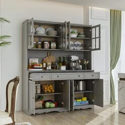 AIEGLE Large Kitchen Hutch Cabinet, Wood Storage Cupboard Pantry With Glass Doors, Drawers & Countertop, Floor Kitchen Pantry Storage Cabinet Utility Buffet, Grey (61.2" L X 18.1" W X 75.9" H) -Songmics Furniture Shop 51Nv9LrjvAL