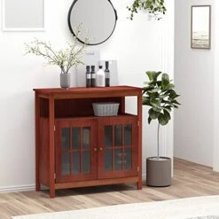 HOMCOM Sideboard Buffet Cabinet, Kitchen Cabinet With Open Shelf, Glass Doors And Adjustable Shelf, Accent Cabinet For Living Room, Cherry