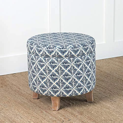 Homepop Home Decor | Upholstered Round Storage Ottoman | Ottoman With Storage For Living Room & Bedroom With Flared Legs, Navy Blue Geometric Pattern 2 Homepop Home Decor | Upholstered Round Storage Ottoman | Ottoman With Storage For Living Room & Bedroom With Flared Legs, Navy Blue Geometric Pattern - Image 2