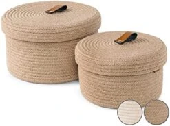 DENJA & CO Round Baskets With Lids - Set Of 2 Decorative Baskets With Lids For Organizing - Cotton Rope Lidded Baskets With Genuine Leather Tabs - Storage Baskets With Lids -Songmics Furniture Shop 51O685yLcJL. AC