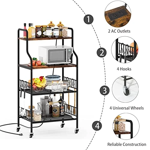 Kitchen Bakers Rack With 3 Power Outlets, 4 Tiers For Microwave, Coffee Station, And Storage Includes 6 Hooks, 48" Industrial Metal & Wood Microwave Stand Cart For Home Use - Rustic Brown 4 Kitchen Bakers Rack With 3 Power Outlets, 4 Tiers For Microwave, Coffee Station, And Storage Includes 6 Hooks, 48" Industrial Metal & Wood Microwave Stand Cart For Home Use - Rustic Brown - Image 4