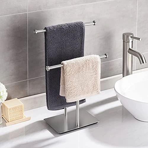 KES Hand Towel Stand For Bathroom Countertop Double-T Towel Holder Towel Rack With Square Base SUS304 Stainless Steel Brushed Finish, BTH209B-2 3 KES Hand Towel Stand For Bathroom Countertop Double-T Towel Holder Towel Rack With Square Base SUS304 Stainless Steel Brushed Finish, BTH209B-2 - Image 3