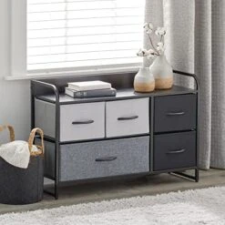 MDesign Wide Dresser Chest With 5 Removable Fabric Drawers - Furniture Storage Unit With Steel Frame And Wood Top For Bedroom, Office, Home Organization - Gray/Multi-Color/Black