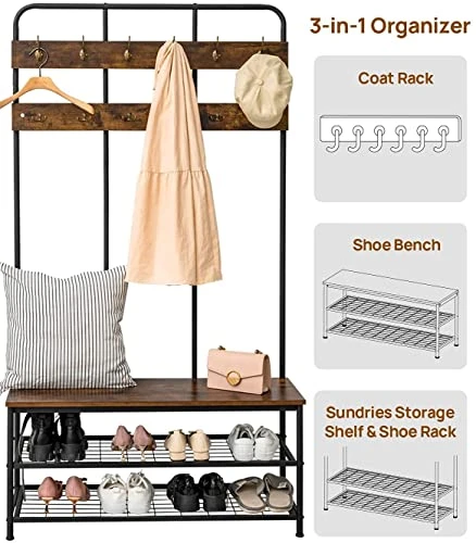 QCen Entryway Bench With Coat Rack ,Shoe Rack Storage Shelf Organizer Industrial Hall Tree 72 Inch With Storage Bench 12 Hooks, Wood Look Accent Furniture With Metal Frame 6 QCen Entryway Bench With Coat Rack ,Shoe Rack Storage Shelf Organizer Industrial Hall Tree 72 Inch With Storage Bench 12 Hooks, Wood Look Accent Furniture With Metal Frame - Image 6