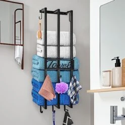 Towel Rack Wall Mounted, New Upgrade 3-Bar Towel Racks For Rolled Towels, Metal Towel Holder Widen For Large Folded Washcloths, Bath Towel Storage Organizer For Bathroom Camper RV, Black