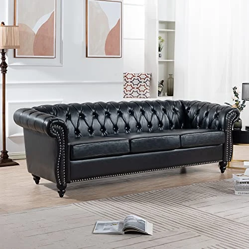 HomSof Rolled Arm Chesterfield 3 Seater Sofa, Mid Century Modern Couch For Small Spaces, Black PU|line 84‘’ 3 HomSof Rolled Arm Chesterfield 3 Seater Sofa, Mid Century Modern Couch For Small Spaces, Black PU|line 84‘’ - Image 3