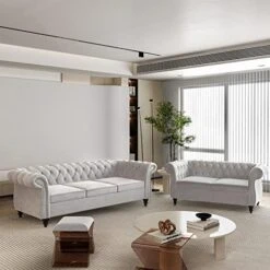 2 Piece Living Room Set, Velvet Chesterfield Sofa Loveseat Couch With Scroll Arms And Nailhead For Living Room, Office (Grey) -Songmics Furniture Shop 51OMDNxvskL. AC