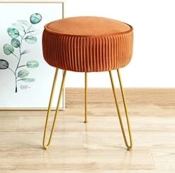 Modern Velvet Round Footstool Ottoman, Peacock Blue Velvet Ottoman Vanity Stool Foot Rest With Gold Legs, Upholstered Pleated Vanity Chair Ottoman, Makeup Stools For Vanity, Footrest For Living Room -Songmics Furniture Shop 51ONO2DPTIL. AC