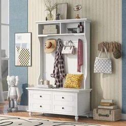 Wooden Hall Tree, 39.8 Inch Hall Tree With 4 Hooks, Coat Hanger, Entryway Bench, Storage Bench, 3-in-1 Design, For Entrance, Hallway -Songmics Furniture Shop 51OVccJ37zL. AC