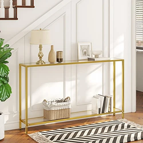HOOBRO 55.1" Gold Console Table, Narrow Tempered Glass Entryway Table, Sofa Table Behind Couch, Modern Style, Metal Frame, Hallway, Living Room, Gold GD06XG01 1 HOOBRO 55.1" Gold Console Table, Narrow Tempered Glass Entryway Table, Sofa Table Behind Couch, Modern Style, Metal Frame, Hallway, Living Room, Gold GD06XG01