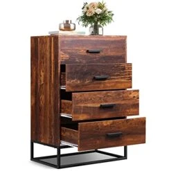 WLIVE Dresser For Bedroom With 4 Drawers, Chest Of Drawers, Tall Dresser Drawers With Sturdy Metal Frame For Nursery, Hallway, Living Room, Closet, Brown Oak