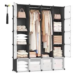 SONGMICS Cube Storage Organzier Portable Wardrobe Closet, 12 Cubes DIY Plastic Armoire Cabinet Modular Shelves Unit With Doors And Hanging Rods For Bedroom, Black ULPC301B01