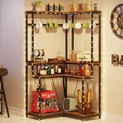Tribesigns Corner Baker’s Rack For Kitchen, Kitchen Storage Rack With 15 Hanging Hooks, And 8 Shelves, Multipurpose Microwave Stand Spice Organizer, Coffee Bar Station Utility Organization Shelf