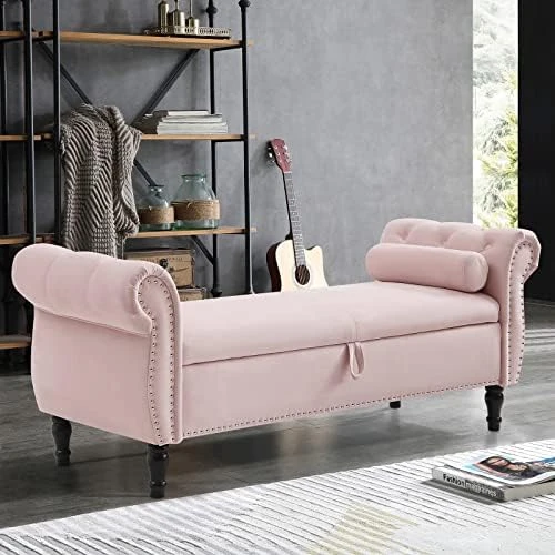 LUCKHAO Storage Bench For Bedroom End Of Bed, 63" Long Velvet Tufted Upholstered Storage Ottoman Bench For Bedroom, Rolled Arm Nailhead Trim With Pillow(Grey) 9 LUCKHAO Storage Bench For Bedroom End Of Bed, 63" Long Velvet Tufted Upholstered Storage Ottoman Bench For Bedroom, Rolled Arm Nailhead Trim With Pillow(Grey) - Image 9