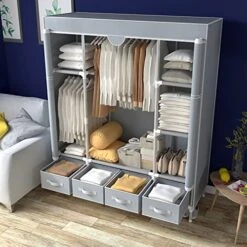 ASSICA Portable Clothes Closet Rolling Door Wardrobe With Hanging Rack Non-Woven Fabric Storage Organizer With Four Drawer Boxes No-Tool Assembly - 59.0 X 17.7 X 67.0 ‘’ (Gray) 10 ASSICA Portable Clothes Closet Rolling Door Wardrobe With Hanging Rack Non-Woven Fabric Storage Organizer With Four Drawer Boxes No-Tool Assembly - 59.0 X 17.7 X 67.0 ‘’ (Gray) -Songmics Furniture Shop 51OqZSwcU7L