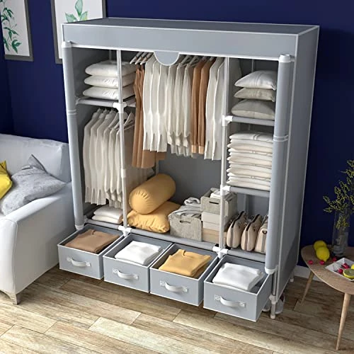 ASSICA Portable Clothes Closet Rolling Door Wardrobe With Hanging Rack Non-Woven Fabric Storage Organizer With Four Drawer Boxes No-Tool Assembly - 59.0 X 17.7 X 67.0 ‘’ (Gray) 4 ASSICA Portable Clothes Closet Rolling Door Wardrobe With Hanging Rack Non-Woven Fabric Storage Organizer With Four Drawer Boxes No-Tool Assembly - 59.0 X 17.7 X 67.0 ‘’ (Gray) - Image 4