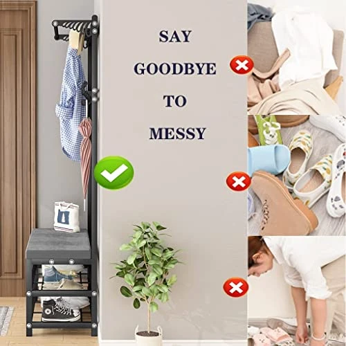 Coat Rack Freestanding With Storage Bench, Entryway 3 In 1 Hall Tree With Shoe Rack, Metal Storage Shelf With 4 Hooks For Entryway Home Office Bedroom, Easy Assembly 2 Coat Rack Freestanding With Storage Bench, Entryway 3 In 1 Hall Tree With Shoe Rack, Metal Storage Shelf With 4 Hooks For Entryway Home Office Bedroom, Easy Assembly - Image 2