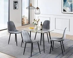 Dining Table Set For 4, Rectangle Black Glass Table And 4 Velvet Dining Room Chairs, 5 Pieces Modern Kitchen Table And Chairs Set For Home Small Space (Black Rectangle Table + 4 Light Grey Chairs) -Songmics Furniture Shop 51OsqWagtHL. AC