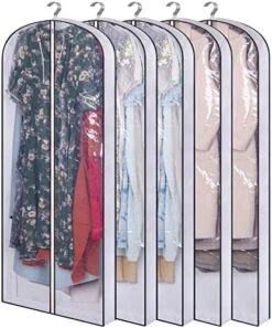 SLEEPING LAMB 60'' Long Hanging Garment Bags For Closet Storage Gusseted Clear Dress Bag For Clothes, Gowns, Coats, Suits, 5 Packs