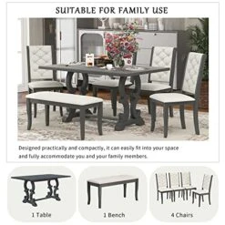 P PURLOVE 6 Piece Dining Table Set, Retro Wood Dining Set With Unique-Designed Table Legs And Upholstered Chairs For Dining Room (Antique Grey) -Songmics Furniture Shop 51Ox3QJplPL