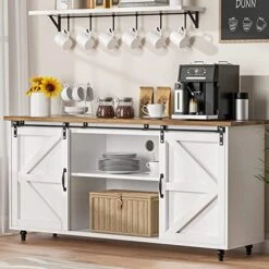 Farmhouse Coffee Bar Cabinet, 58’’ Kitchen Buffet Sideboard Cabinet With Sliding Barn Door, Coffee Bar Table With Adjustable Shelves, White Buffet Table With Storage,Living Dining Room Storage Cabinet -Songmics Furniture Shop 51P0wHr0pmL